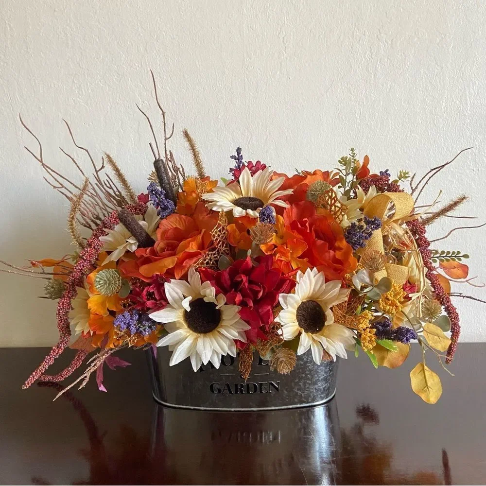Faux Floral Bouquet With Orange Roses/Cream Sunflowers